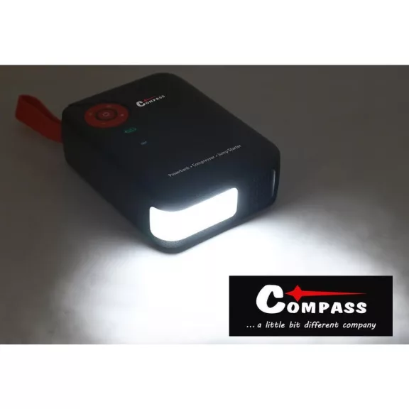 Compass indítóállomás kompresszorral, powerbankkal és lámpával (7200 mAh, 600 A)
